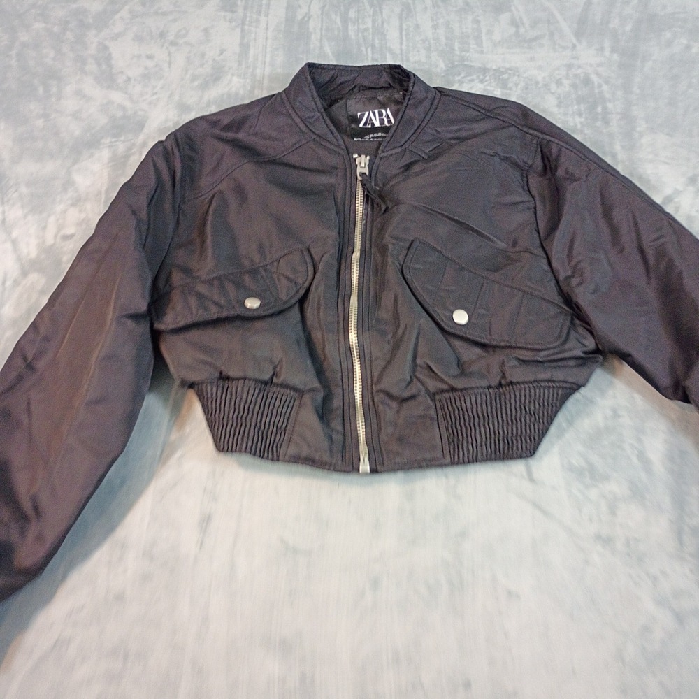Zara Black Cropped Bomber Jacket Women XS Full Zip Utility Pocket Mock Neck